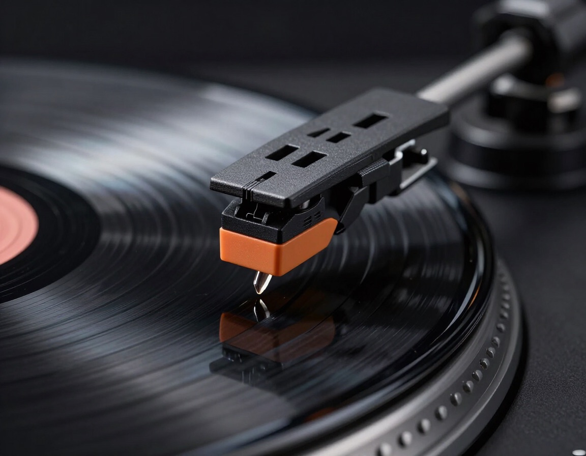 Close-up macro of a turntable stylus in the groove of a vinyl record