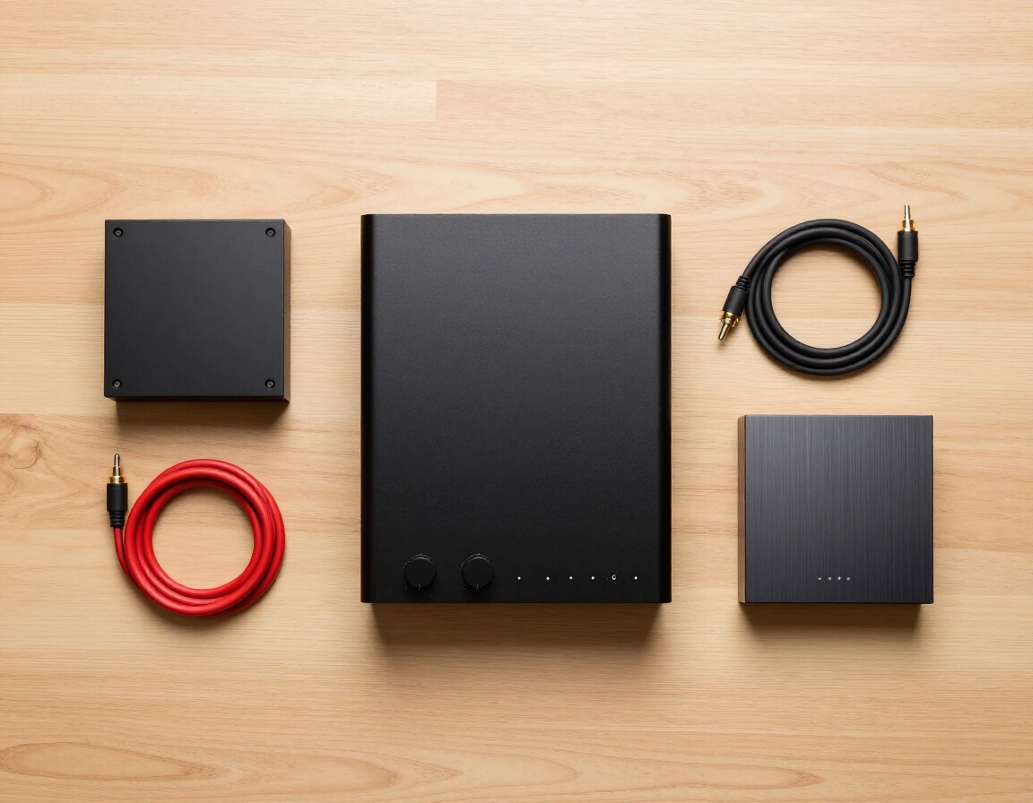 Hi-fi audio components laid out on a warm wood surface