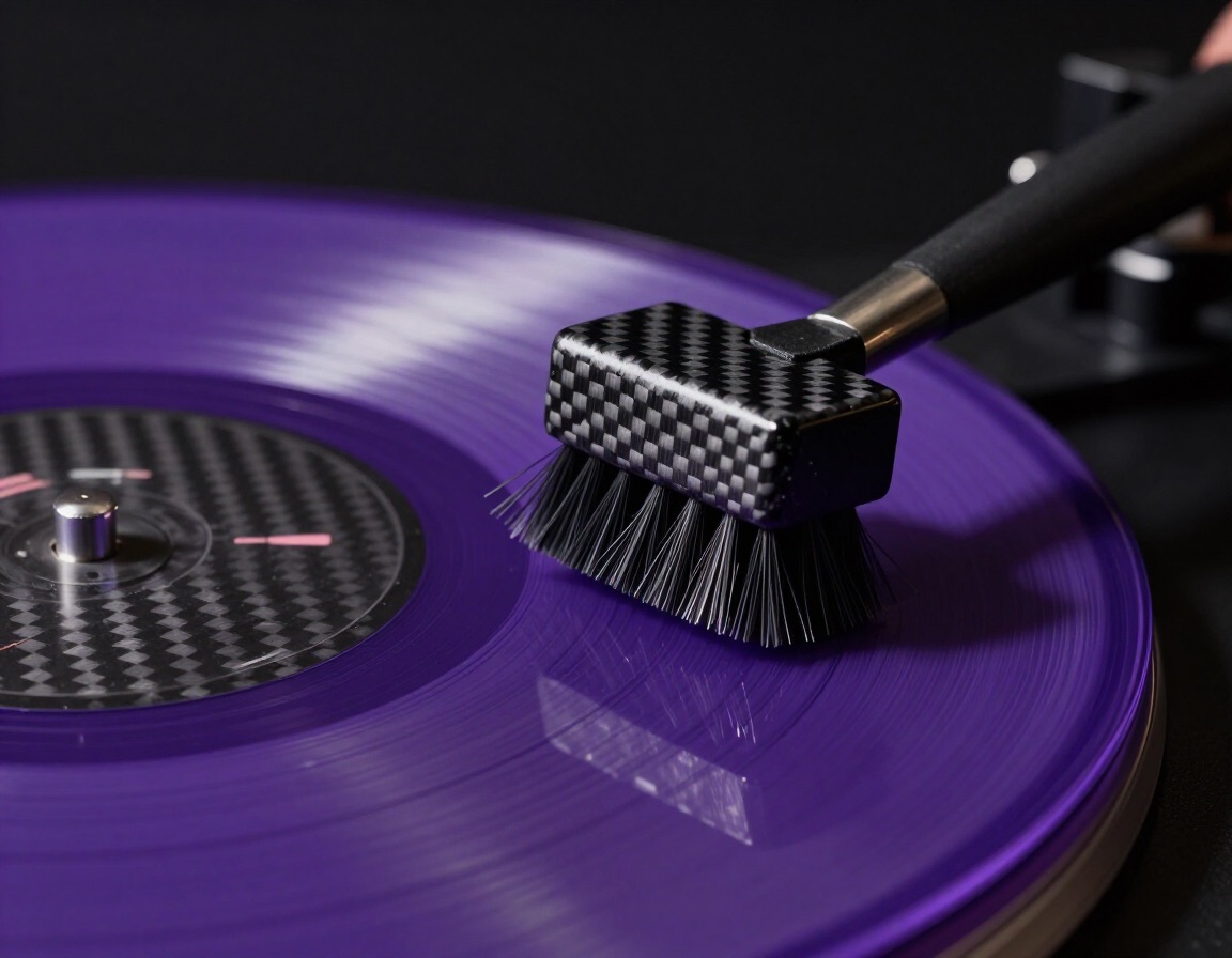 Carbon fiber anti-static brush sweeping across a translucent colored vinyl record